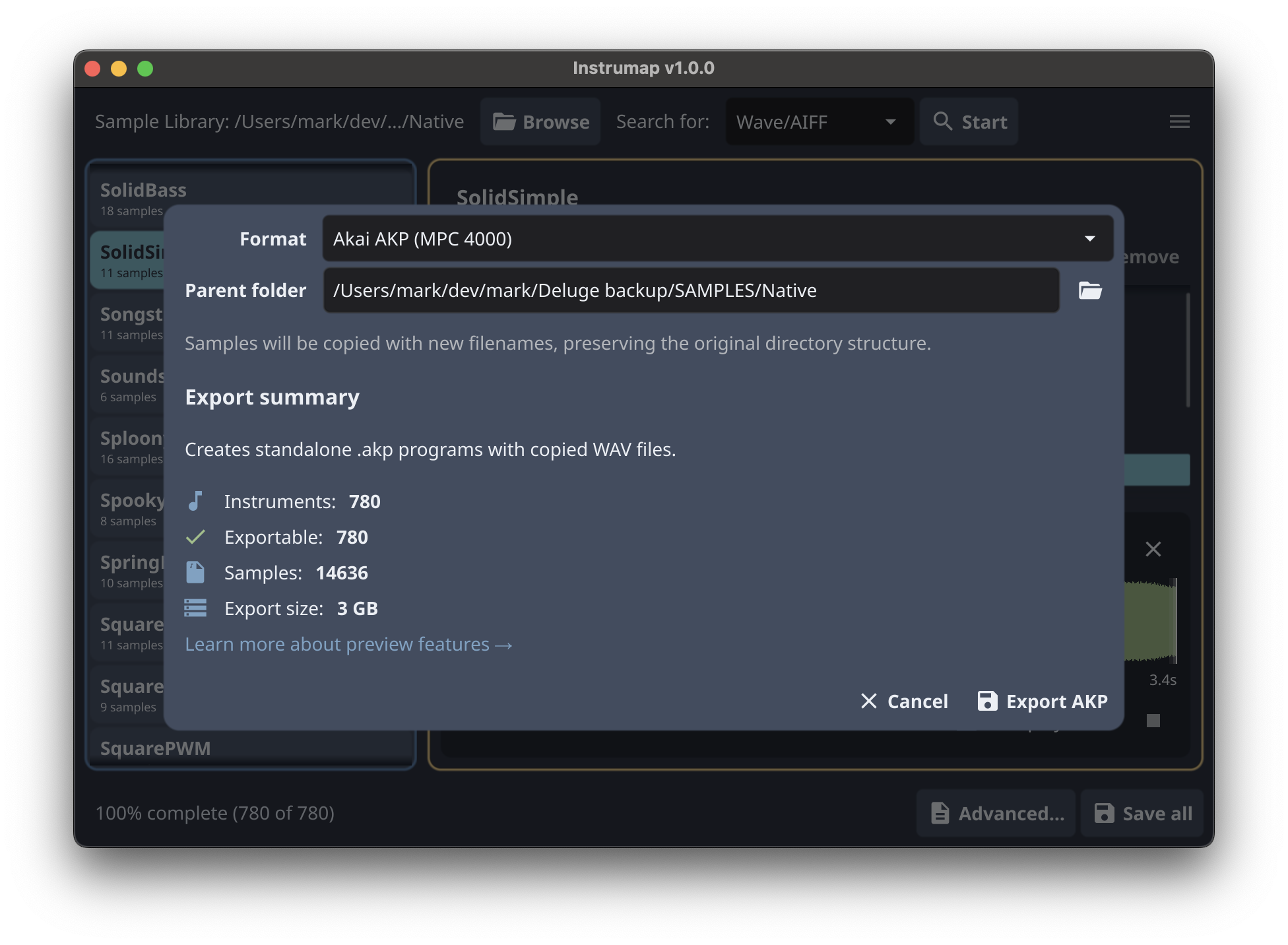 Advanced Export dialog showing AKP format